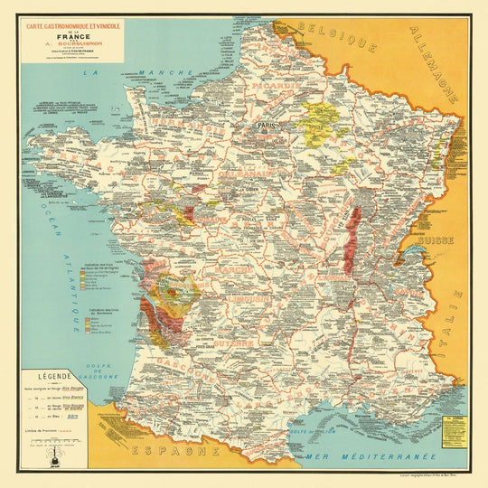 Map : France 1951, Carte gastronomique et vinicole de la France, (Gastronomic and wine map of France), Unframed Print