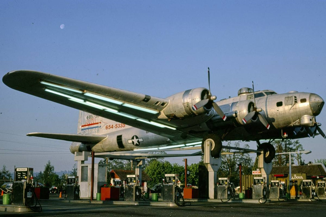 Historic Photo : 1980 Bomber gas station, diagonal view, Route 99 E., Milwaukie, Oregon | Margolies | Roadside America Collection | Vintage Wall Art :