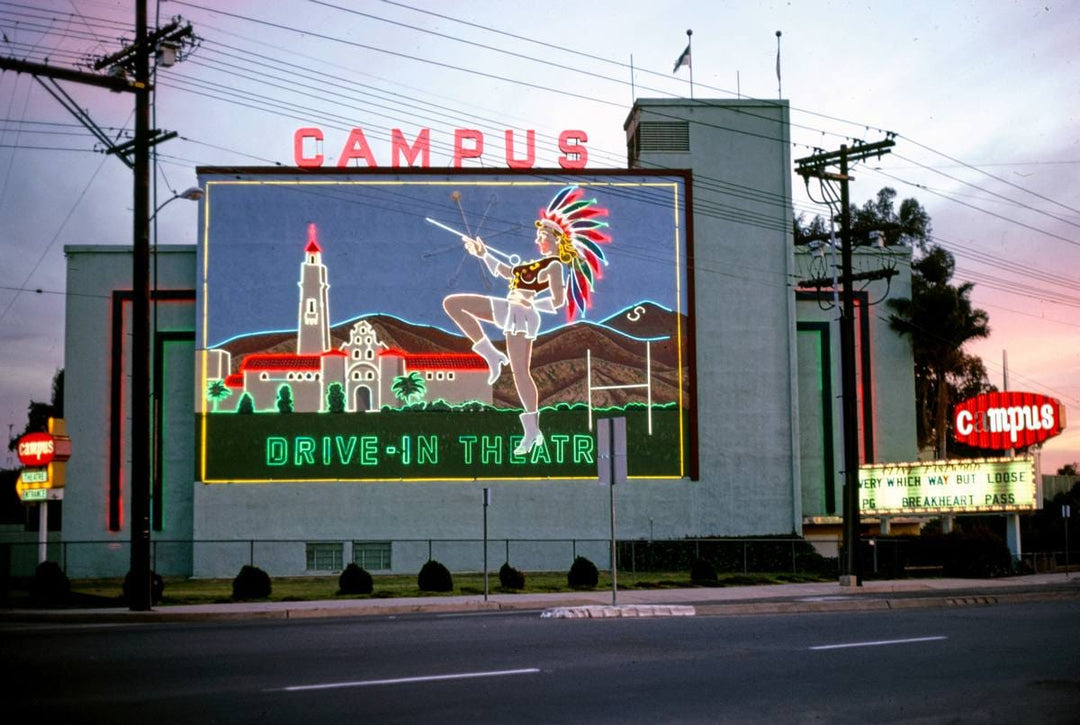 Historic Photo : 1979 Campus Drive-In Theater, closer view with neon, El Cajon Boulevard, San Diego, California | Photo by: John Margolies |