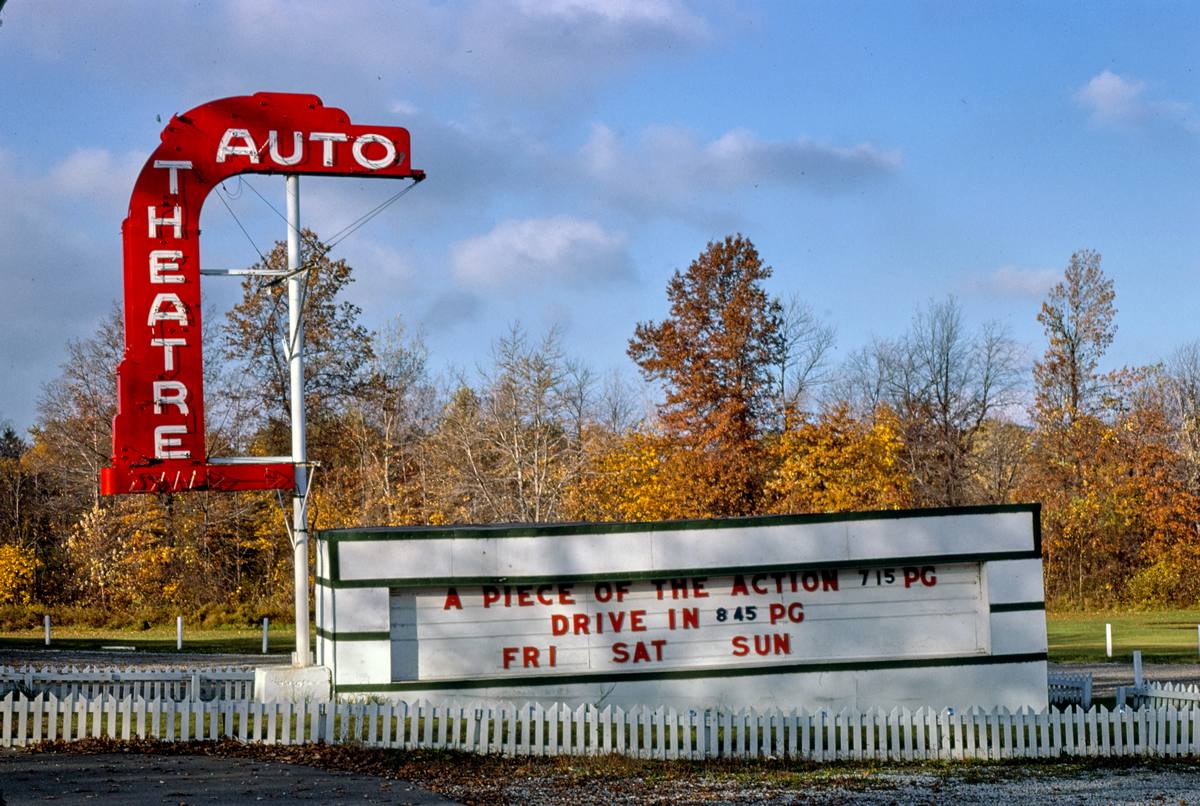 Historic Photo : 1977 Skyway Auto Theatre sign, horizontal view, Route 20, Ashtabula, Ohio | Margolies | Roadside America Collection | Vintage Wall Art :