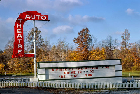 Historic Photo : 1977 Skyway Auto Theatre sign, horizontal view, Route 20, Ashtabula, Ohio | Margolies | Roadside America Collection | Vintage Wall Art :