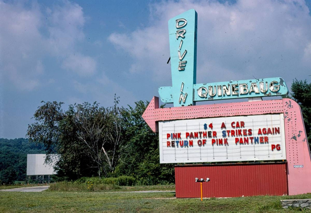 Historic Photo : 1977 Quinebaug Drive-In Theater sign, horizontal view, Route 131, Quinebaug, Connecticut | Margolies | Roadside America Collection | Vintage Wall Art :