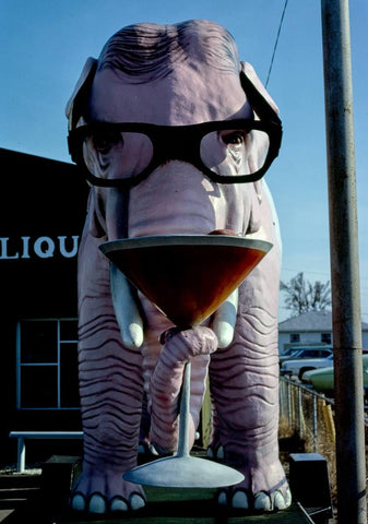 Historic Photo : 1980 Pink Elephant Liquor Store statue, McCordsville, Indiana | Margolies | Roadside America Collection | Vintage Wall Art :