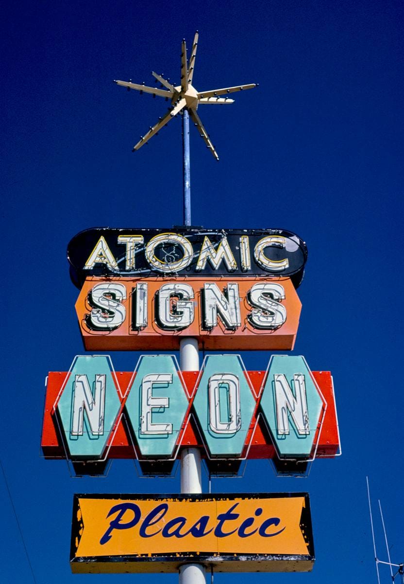 Historic Photo : 1980 Atomic Signs sign, Route 550, Farmington, New Mexico | Margolies | Roadside America Collection | Vintage Wall Art :