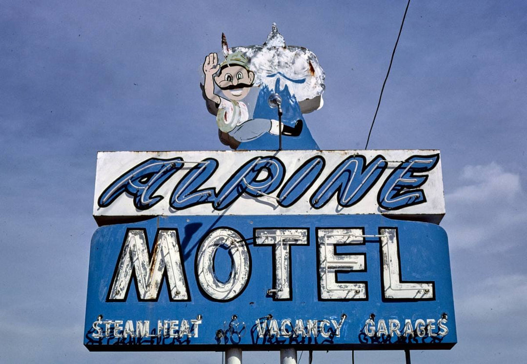 Historic Photo : 1987 Alpine Motel sign, Route 66, Flagstaff, Arizona | Margolies | Roadside America Collection | Vintage Wall Art :