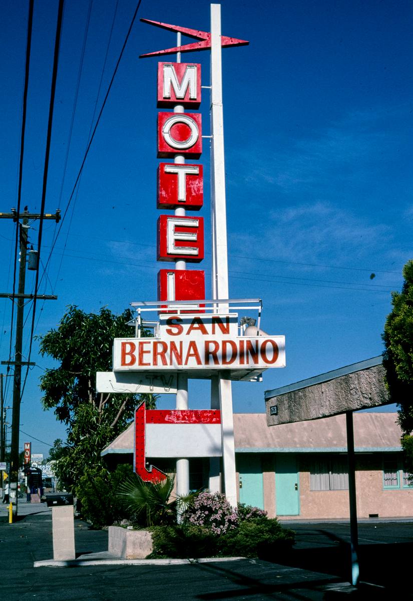 Historic Photo : 2003 San Bernardino Motel sign, Route 66 (Foothill Boulevard), San Bernardino, California | Margolies | Roadside America Collection | Vintage Wall Art :