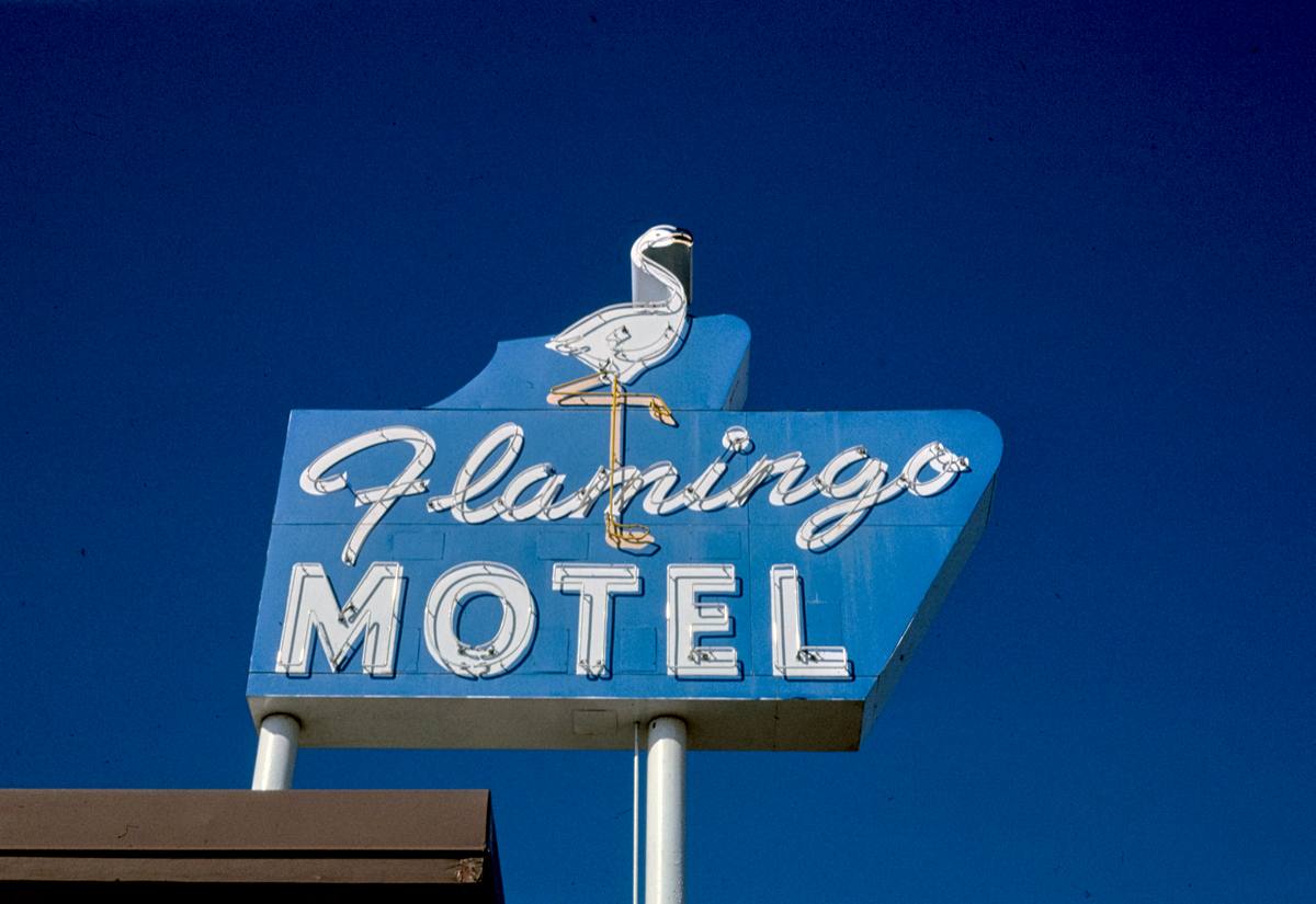 Historic Photo : 1994 Flamingo Motel sign, Route 24, State Avenue, Kansas City, Kansas | Margolies | Roadside America Collection | Vintage Wall Art :