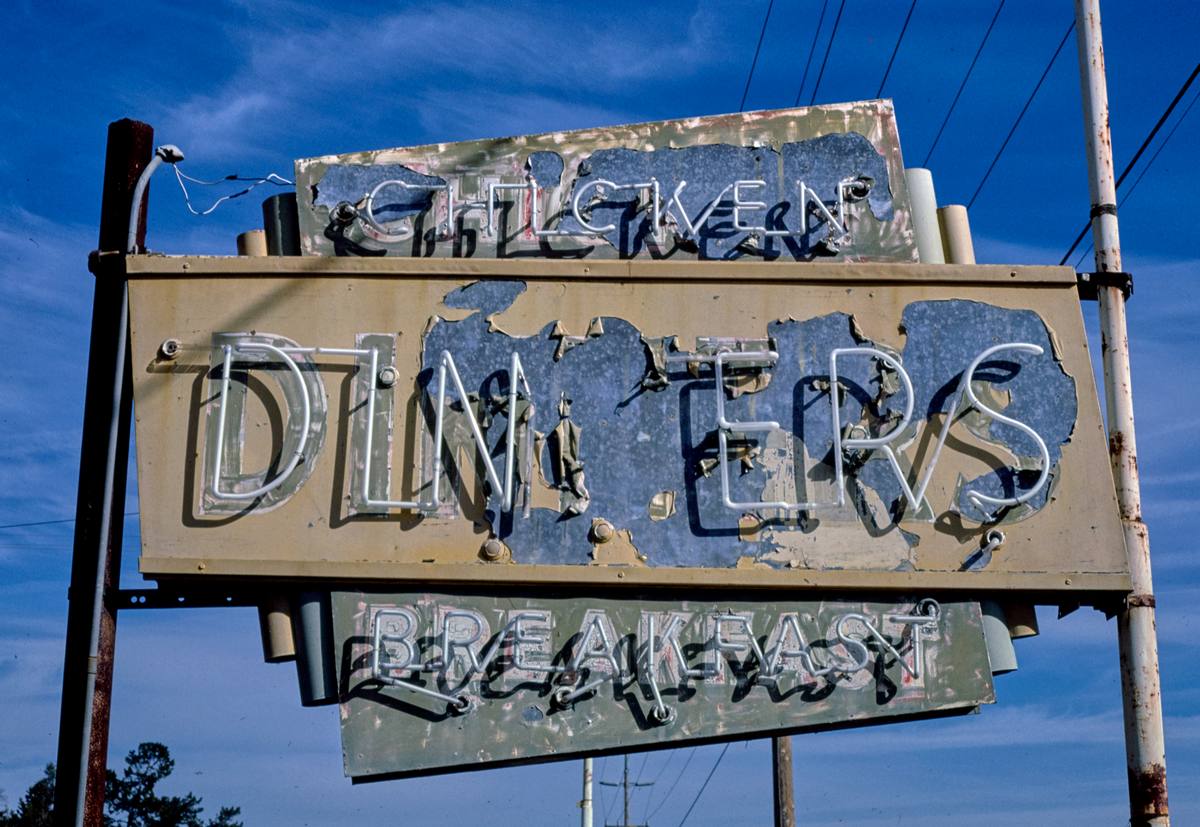 Historic Photo : 1985 Dining Cars Cafe sign, Frontage Road, Route 101, Buellton, California | Margolies | Roadside America Collection | Vintage Wall Art :