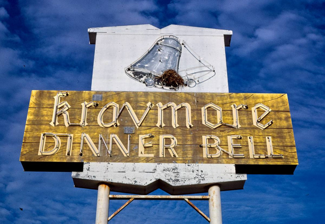 Historic Photo : 1982 Kravmore Dinner Bell Restaurant sign, Route 36, Belleville, Kansas | Margolies | Roadside America Collection | Vintage Wall Art :