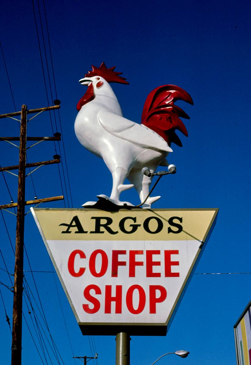 Historic Photo : 1985 Argo's Coffee Shop sign, Santa Monica Boulevard, Los Angeles, California | Margolies | Roadside America Collection | Vintage Wall Art :