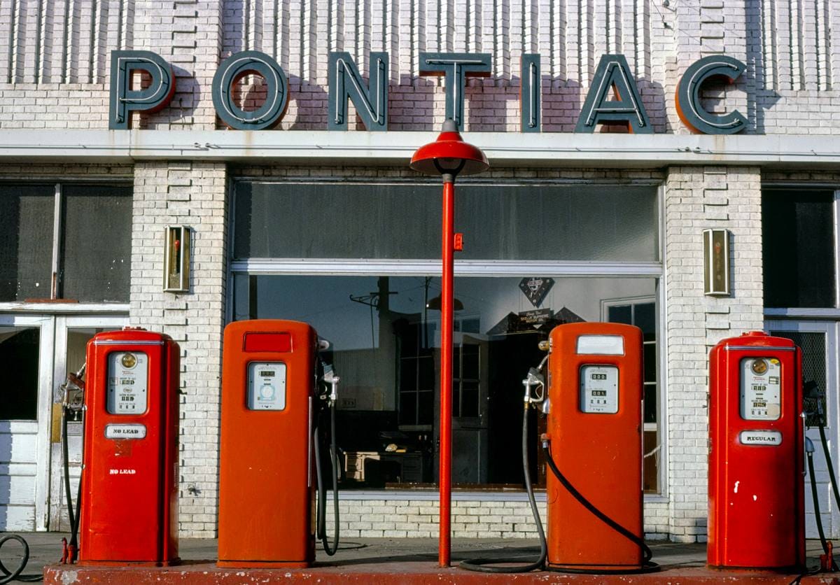 Historic Photo : 1980 Four gas pumps, Weld County Garage, Rt. 85, Greeley, Colorado | Margolies | Roadside America Collection | Vintage Wall Art :