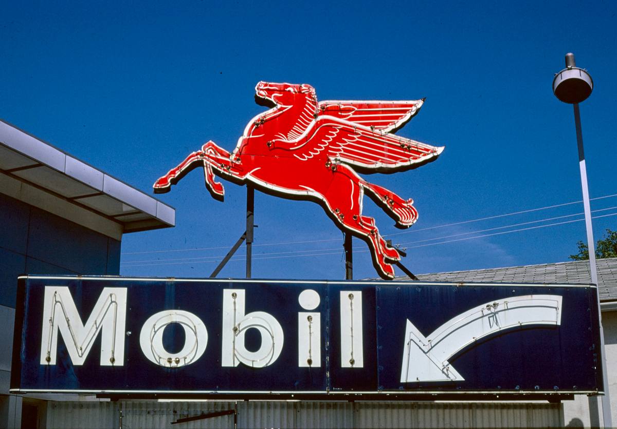 Historic Photo : 1980 Mobil flying red horse sign, Rt. 6, Wellsboro, Pennsylvania | Margolies | Roadside America Collection | Vintage Wall Art :