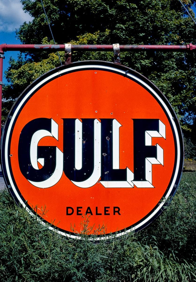 Historic Photo : 1976 Gulf Gas sign, close view, Round Top, New York | Margolies | Roadside America Collection | Vintage Wall Art :