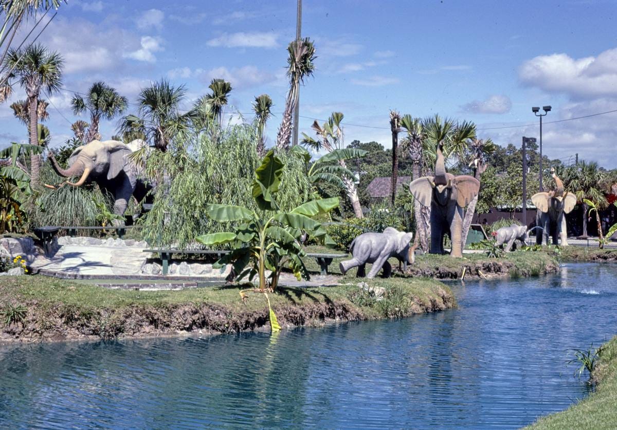 Historic Photo : 1985 Overall with elephants 2, Jungle Lagoon Golf, Myrtle Beach, South Carolina | Margolies | Roadside America Collection | Vintage Wall Art :