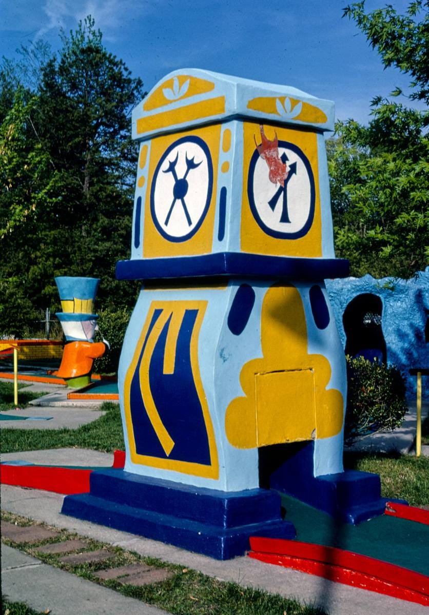 Historic Photo : 1982 Clock, Sir Goony Golf, Independence Boulevard, Charlotte, North Carolina | Margolies | Roadside America Collection | Vintage Wall Art :