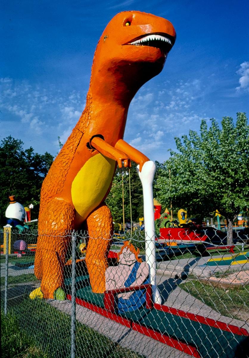 Historic Photo : 1982 Dinosaur, Sir Goony Golf, Independence Boulevard, Charlotte, North Carolina | Margolies | Roadside America Collection | Vintage Wall Art :