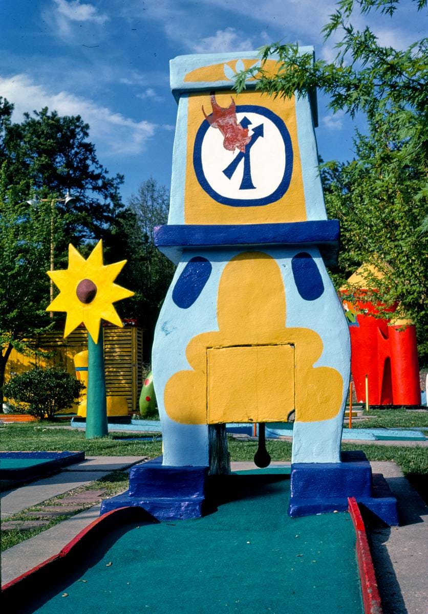 Historic Photo : 1982 Clock (straight-on), Sir Goony Golf, Independence Boulevard, Charlotte, North Carolina | Margolies | Roadside America Collection | Vintage Wall Art :