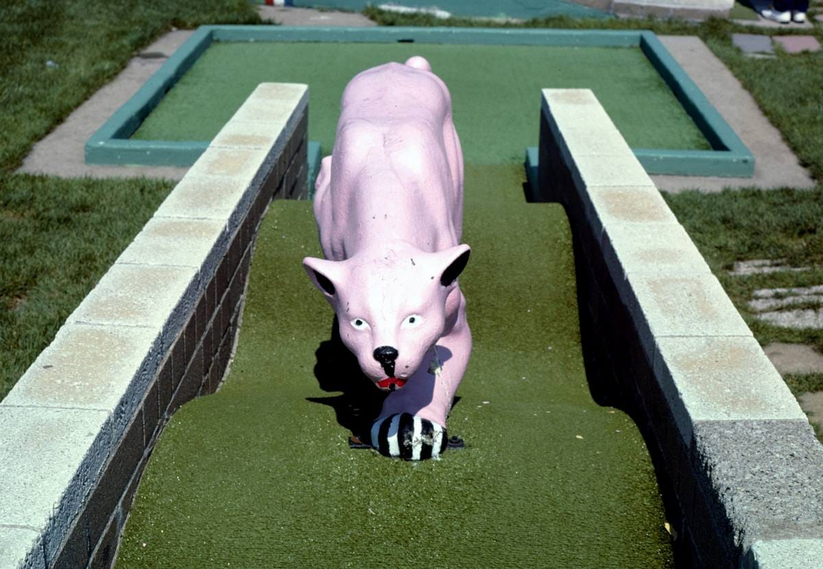 Historic Photo : 1986 Pink Panther (straight on), Jawor's Fun Golf, Roseville, Michigan | Margolies | Roadside America Collection | Vintage Wall Art :