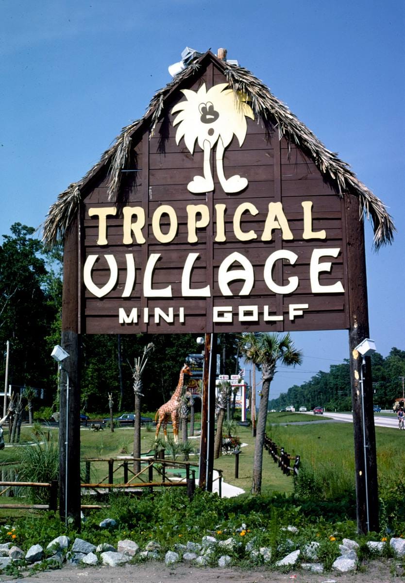 Historic Photo : 1979 Sign, Tropical Village mini golf, Surfside Beach, South Carolina | Margolies | Roadside America Collection | Vintage Wall Art :