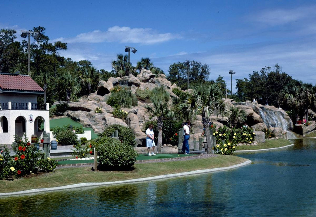 Historic Photo : 1979 Overall with office, Treasure Island Golf, waterfall, treasure, Myrtle Beach, South Carolina | Photo by: John Margolies |