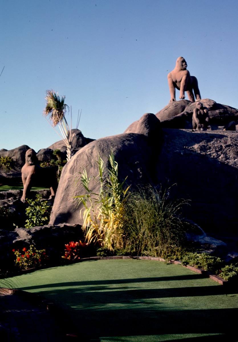 Historic Photo : 1985 Gorillas on the rocks, Gorilla Country Golf, Atlantic Beach, North Carolina | Margolies | Roadside America Collection | Vintage Wall Art :