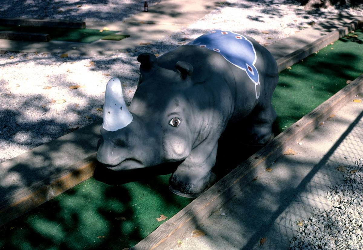 Historic Photo : 1988 Rhino (horizontal), Tower Tree mini golf, Heege Road, Saint Louis, Missouri | Margolies | Roadside America Collection | Vintage Wall Art :