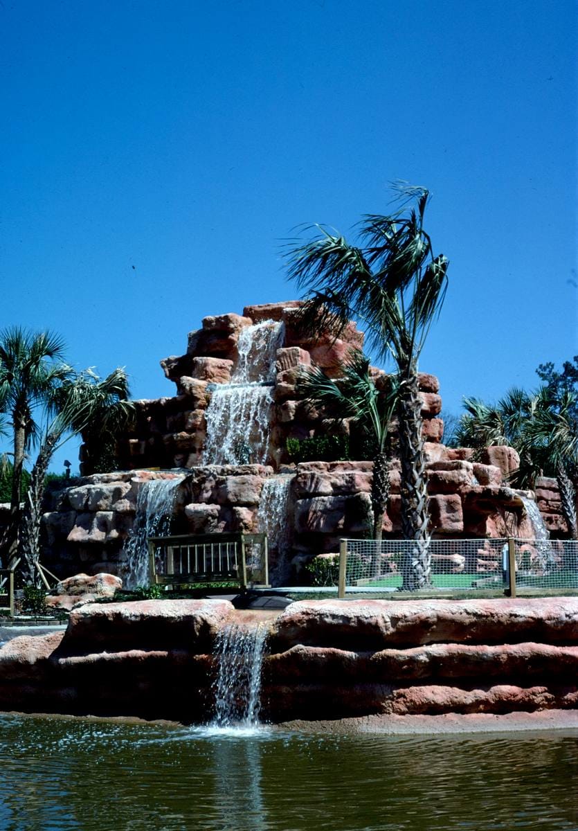 Historic Photo : 1988 Central waterfall, Rainbow Falls Golf, Myrtle Beach, South Carolina | Margolies | Roadside America Collection | Vintage Wall Art :