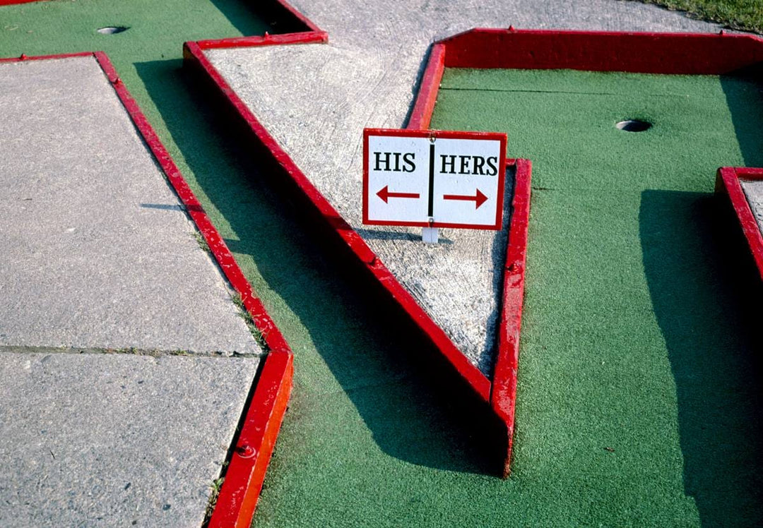 Historic Photo : 1984 His-hers sign, Funspot mini golf, Route 3, Weirs Beach, New Hampshire | Margolies | Roadside America Collection | Vintage Wall Art :