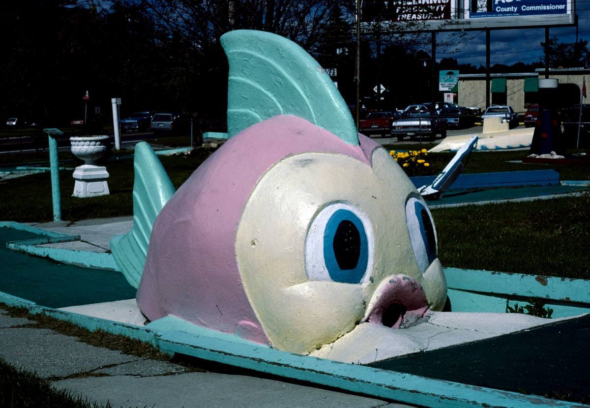 Historic Photo : 1984 Fish (side), Penguin Turtle miniature golf, Routes 7 and 20, Lenox, Massachusetts | Margolies | Roadside America Collection | Vintage Wall Art :