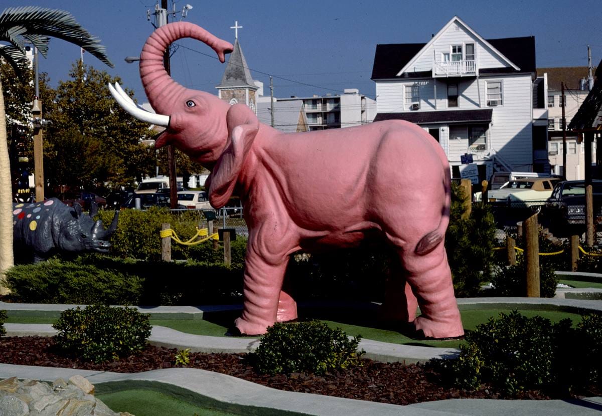 Historic Photo : 1985 Pink elephant, Bamboo Golf, Ocean City, Maryland | Margolies | Roadside America Collection | Vintage Wall Art :