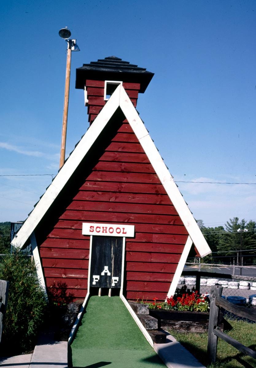 Historic Photo : 1988 Schoolhouse, Old Kilbourn mini golf, Route 12, Wisconsin Dells, Wisconsin | Margolies | Roadside America Collection | Vintage Wall Art :