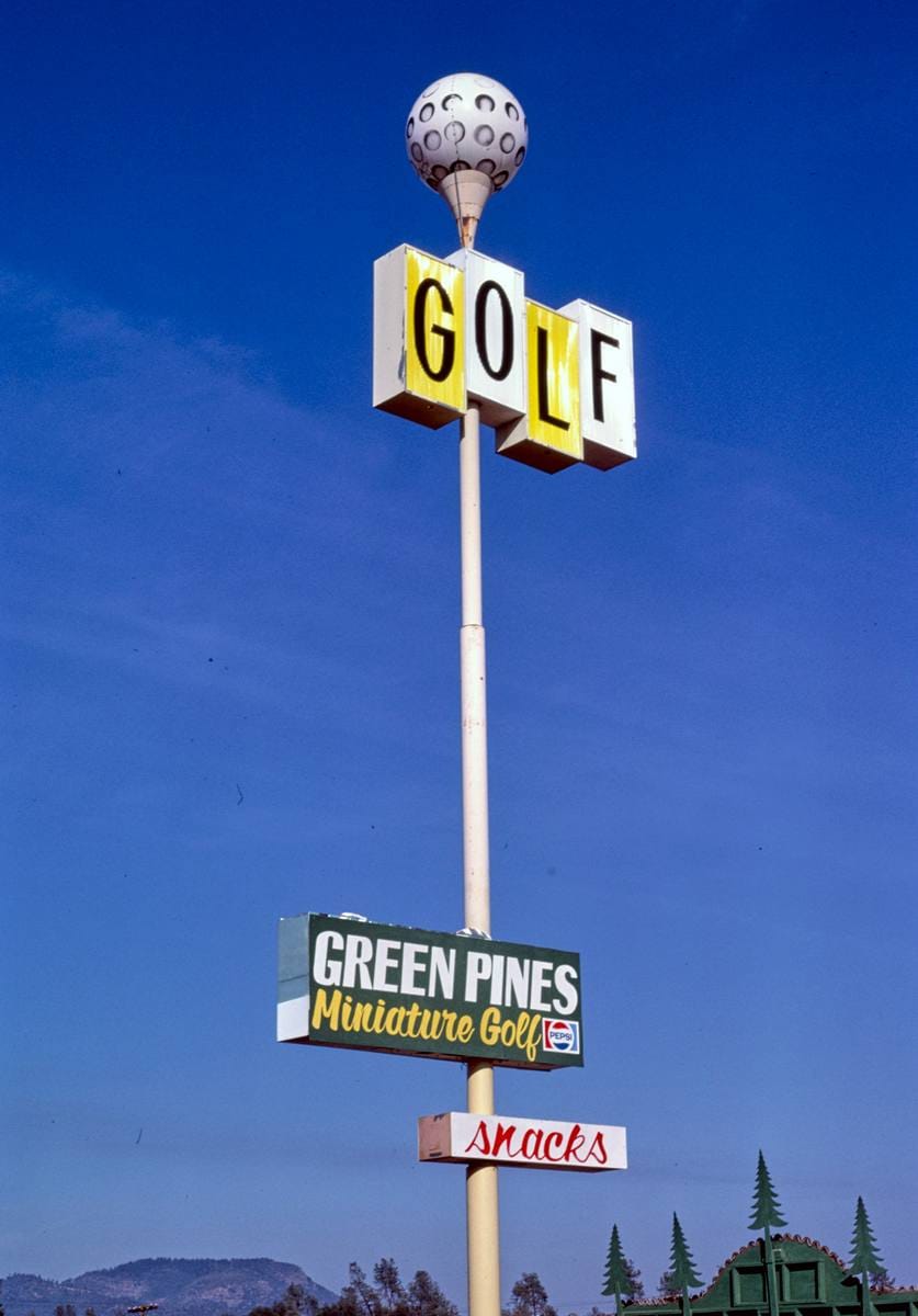 Historic Photo : 1987 Sign, back, Green Pines mini golf, Redding, California | Margolies | Roadside America Collection | Vintage Wall Art :