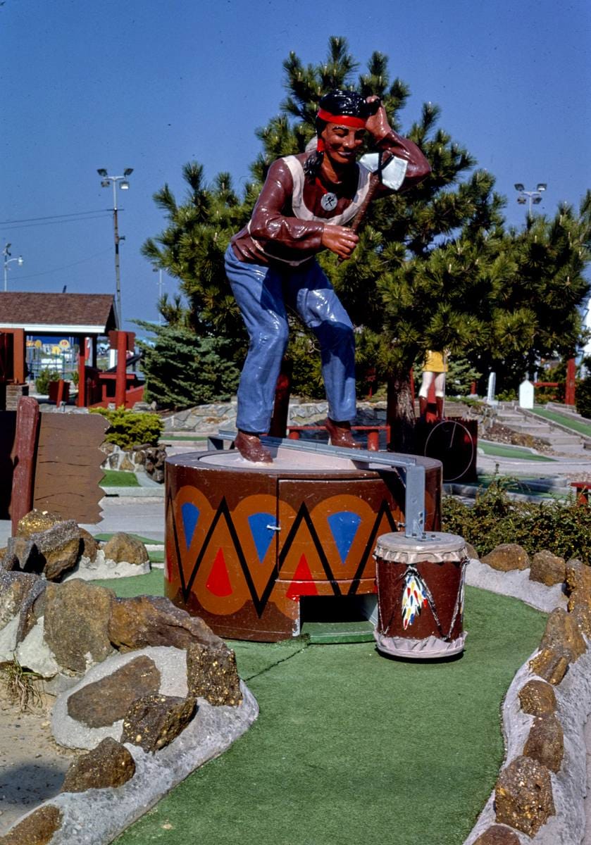 Historic Photo : 1985 Old Pro Golf, cowboys and Indians course. Indian and drum hole. Ocean City, Maryland | Margolies | Roadside America Collection | Vintage Wall Art :