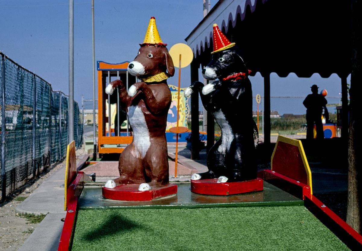 Historic Photo : 1985 Old Pro Golf, circus course. Begging dogs, Rehoboth Beach, Delaware | Margolies | Roadside America Collection | Vintage Wall Art :