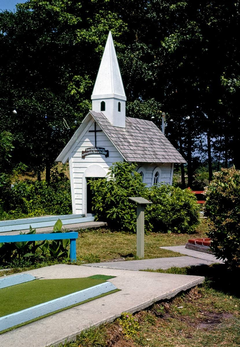 Historic Photo : 1979 White steeple hole, Wacky Golf, North Myrtle Beach, South Carolina | Margolies | Roadside America Collection | Vintage Wall Art :