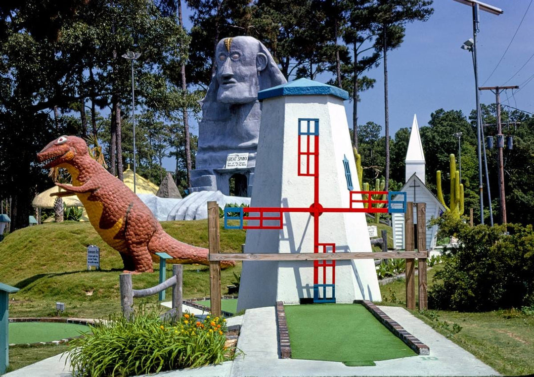 Historic Photo : 1979 Windmill and dinosaur view 2, Wacky Golf, Myrtle Beach, South Carolina | Margolies | Roadside America Collection | Vintage Wall Art :