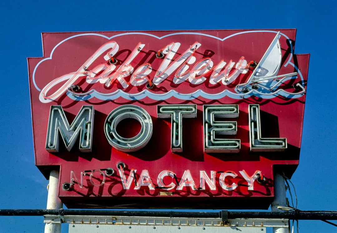 Historic Photo : 1984 Lake View Motel sign, Route 7, Shelburne, Vermont | Margolies | Roadside America Collection | Vintage Wall Art :