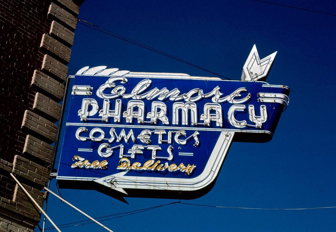 Historic Photo : 1987 Elmore Pharmacy sign, Walnut Street, Red Bluff, California | Margolies | Roadside America Collection | Vintage Wall Art :