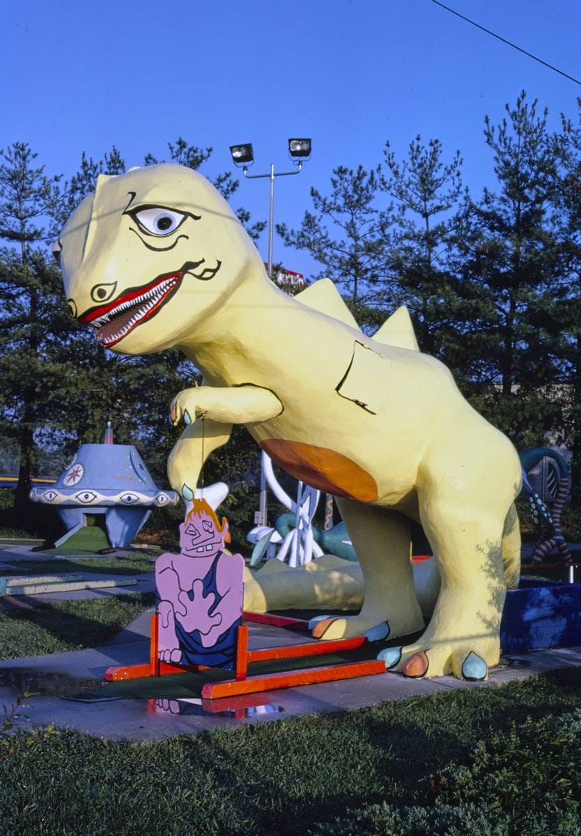 Historic Photo : 1986 Sir Goony mini golf, yellow dinosaur, Chattanooga, Tennessee | Margolies | Roadside America Collection | Vintage Wall Art :