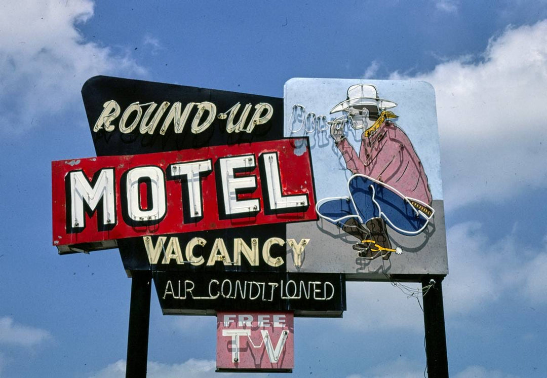 Historic Photo : 1982 Round-Up Motel sign, Claremore, Oklahoma | Margolies | Roadside America Collection | Vintage Wall Art :