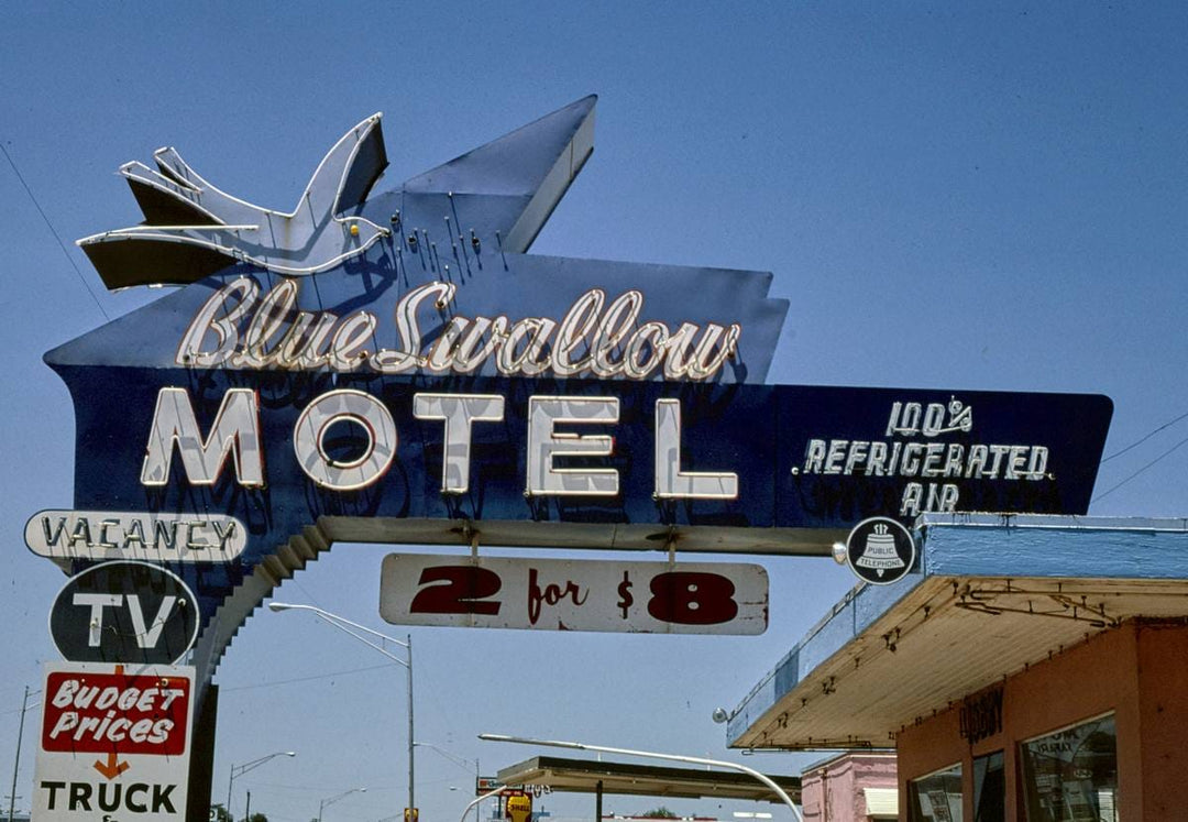 Historic Photo : 1982 Blueswallow Motel sign, Tucumcari, New Mexico | Margolies | Roadside America Collection | Vintage Wall Art :