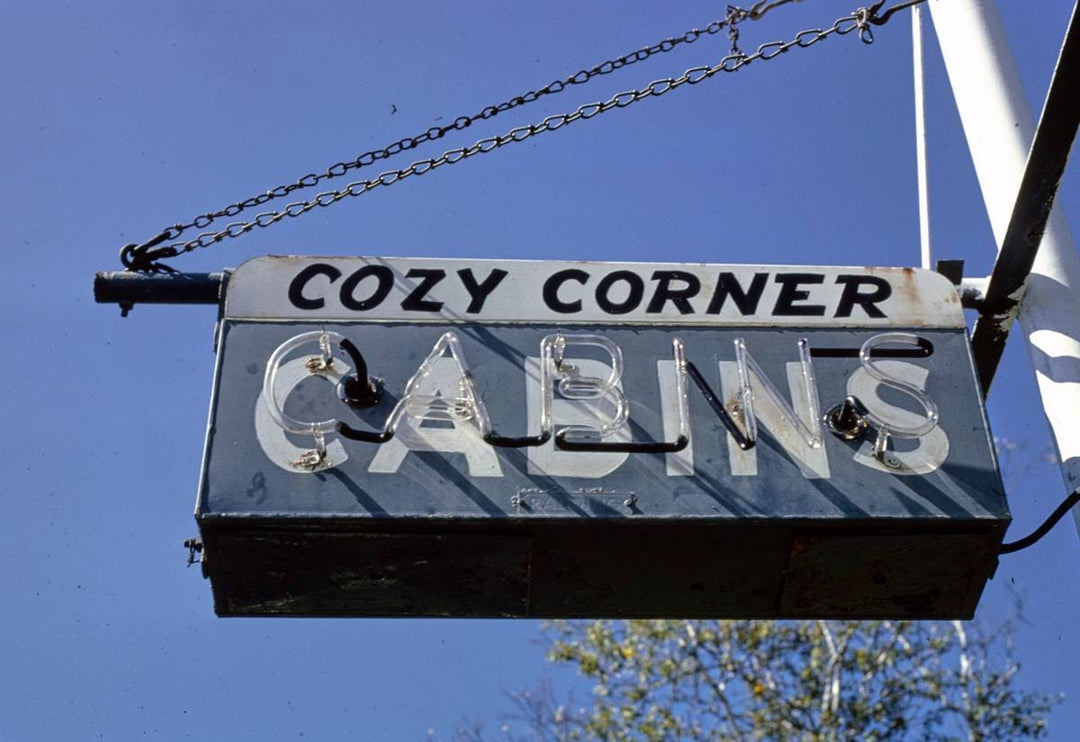 Historic Photo : 1984 Cozy Corner Cabins sign, Saint Johnsbury, Vermont | Margolies | Roadside America Collection | Vintage Wall Art :