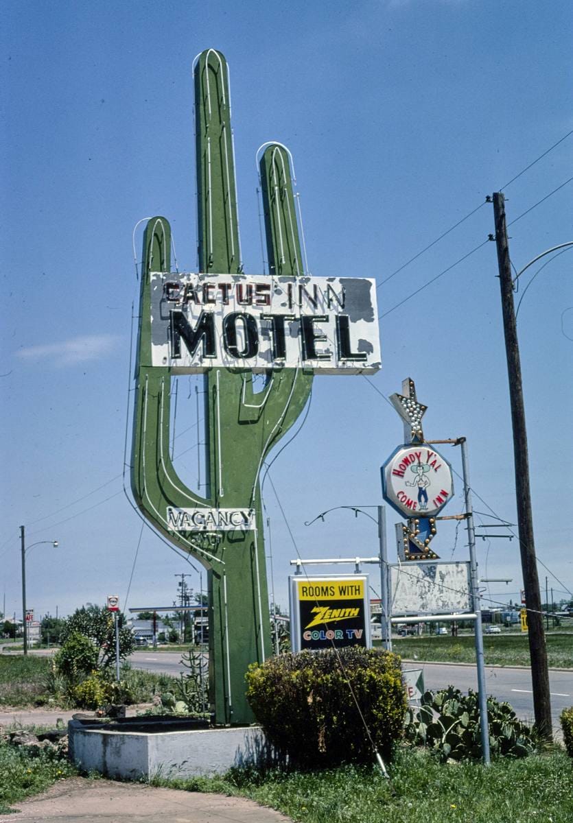 Historic Photo : 1982 Cactus Inn Motel, sign, Route 66, McLean, Texas | Margolies | Roadside America Collection | Vintage Wall Art :