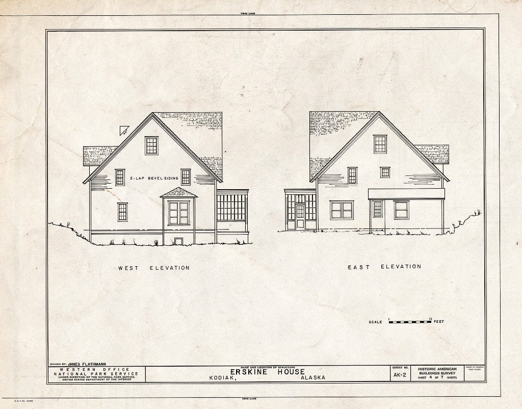 Blueprint 4. West and East Elevations - Russian-American Company Magazin, 101 Marine Way East, Kodiak, Kodiak Island Borough, AK