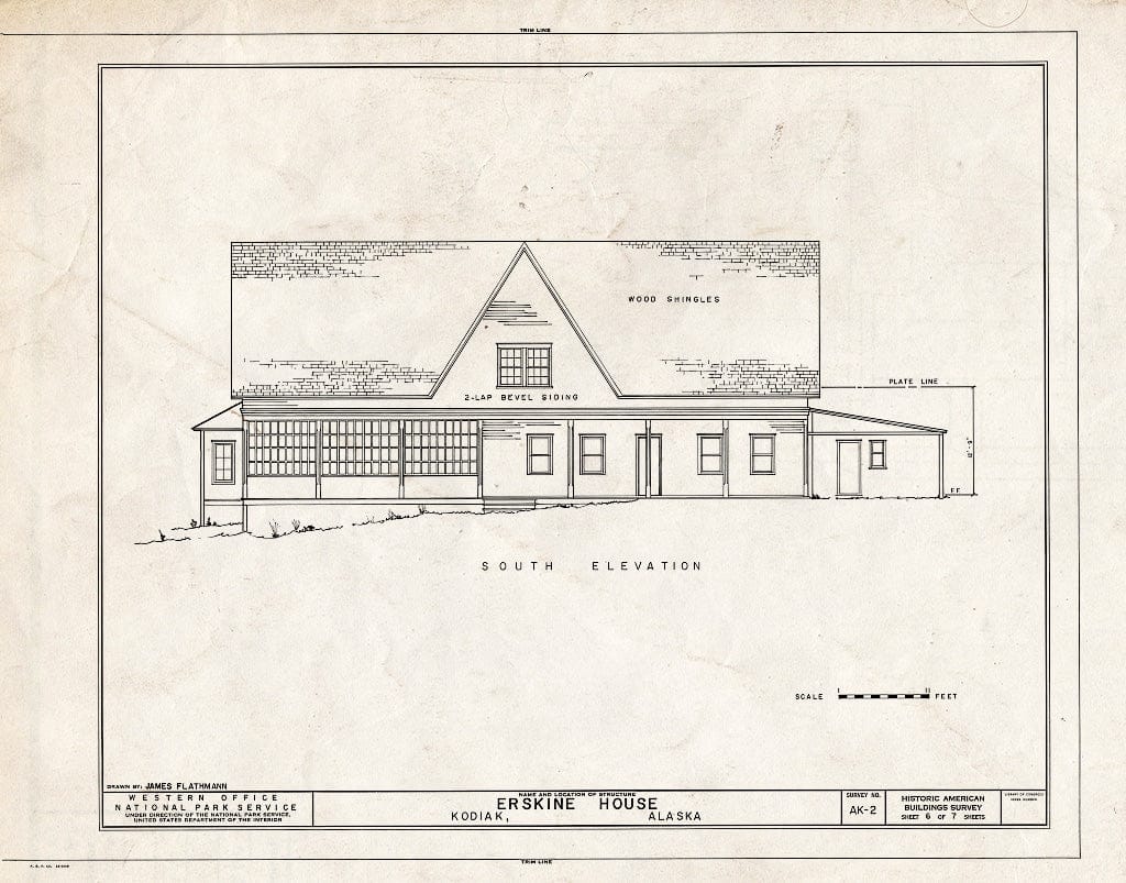 Blueprint 6. South Elevation - Russian-American Company Magazin, 101 Marine Way East, Kodiak, Kodiak Island Borough, AK