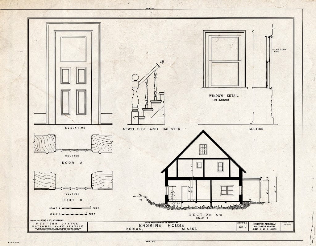 Blueprint 7. Section, Window and Door Details - Russian-American Company Magazin, 101 Marine Way East, Kodiak, Kodiak Island Borough, AK