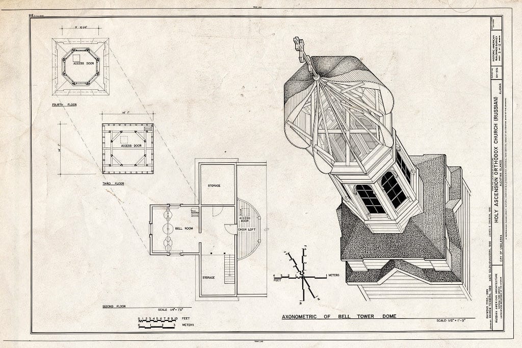 Blueprint 3. Bell Tower Floor Plans & axonometric - Holy Ascension Russian Orthodox Church, Unalaska Island, Unalaska, Aleutian Islands, AK