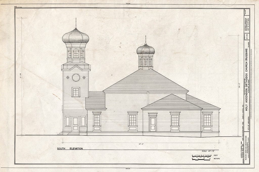 Blueprint 5. South Elevation - Holy Ascension Russian Orthodox Church, Unalaska Island, Unalaska, Aleutian Islands, AK