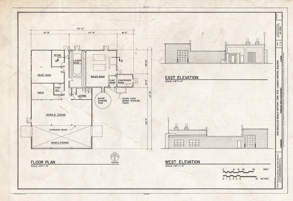 Blueprint Floor Plan; East Elevation; West Elevation - Nike Hercules Missile Battery, Tare Site, Launch Control Building, Fairbanks, Fairbanks North Star Borough, AK