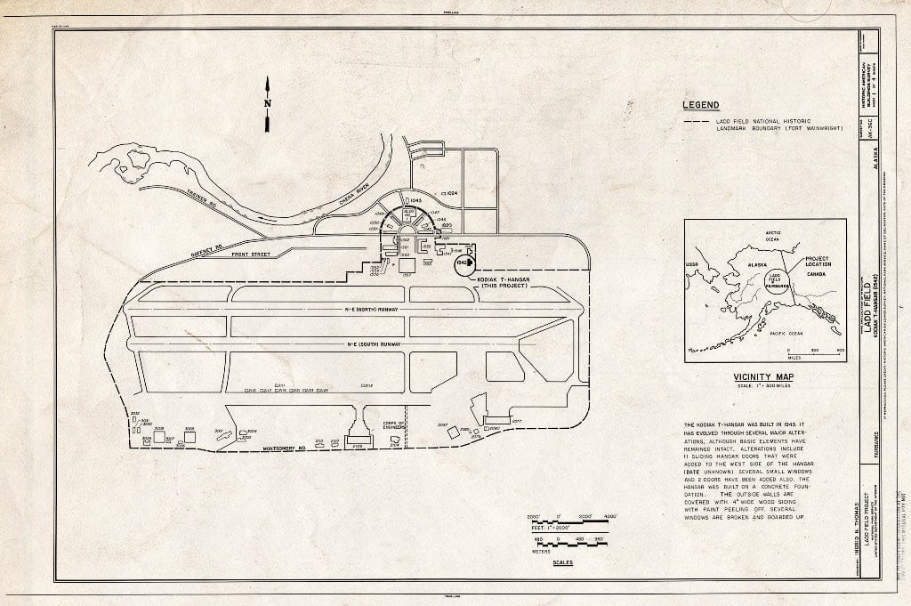 Blueprint 1. Vicinity map, site Plan, and Hangar Information - Ladd Field, Kodiak T-Hangar, Fort Wainwright, Fairbanks, Fairbanks North Star Borough, AK